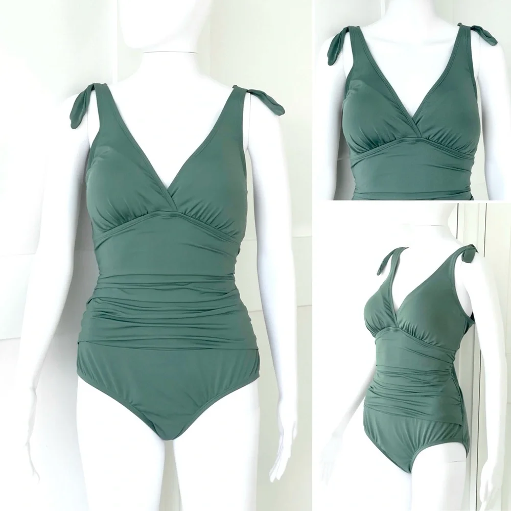 JANTZEN One Piece Surplice Swimsuit Solid Green Lined Stretch Tummy Friendly - Picture 5 of 9